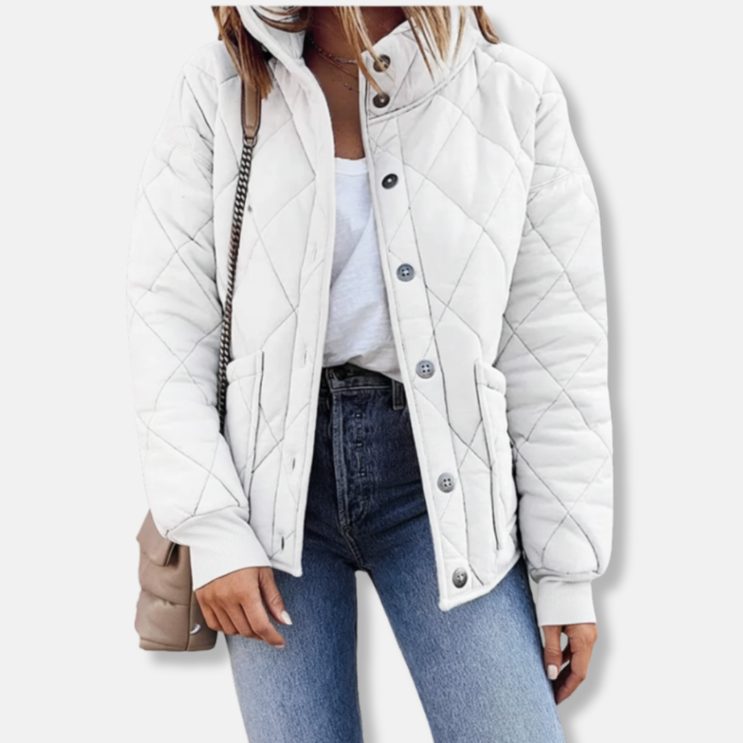 Karolina | Dames Gewatteerde Jas | Puffer Jas Met Knoopsluiting Opstaande Kraag En Zak Voor Herfst