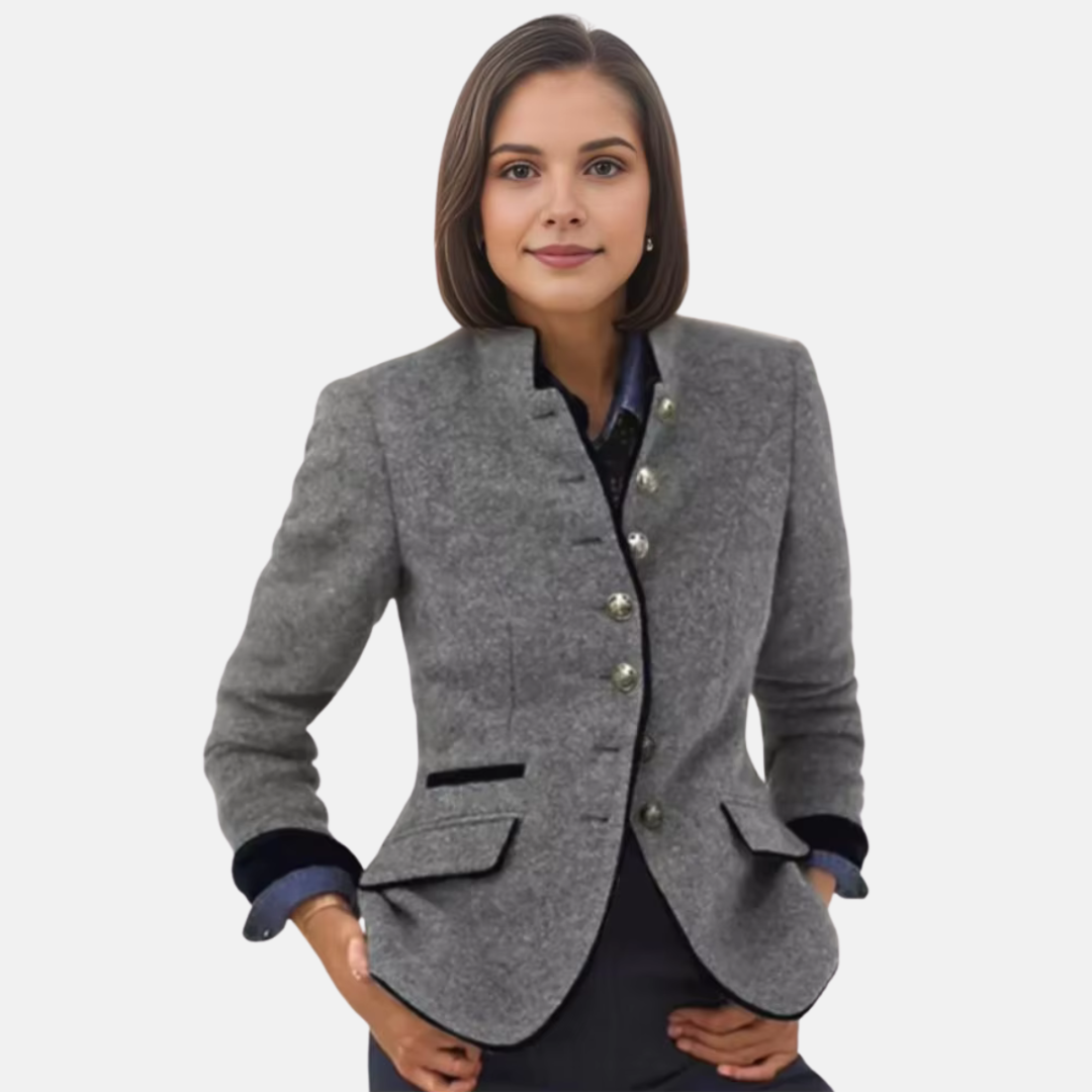 Alessia | Dames Zakelijke Blazer | Vintage Enkelrijige Tweed Jas Met Lange Mouw En Staande Kraag