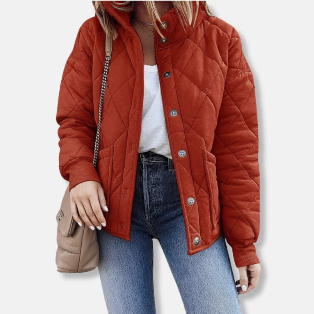 Karolina | Dames Gewatteerde Jas | Puffer Jas Met Knoopsluiting Opstaande Kraag En Zak Voor Herfst