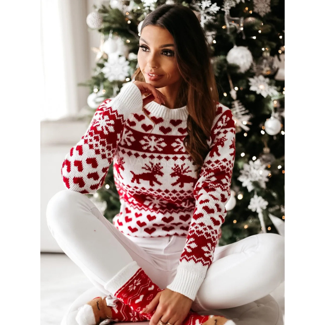 Natasja | Dames Kerst Trui | Gebreid met Kerstprint en Ronde Hals met Lange Mouw