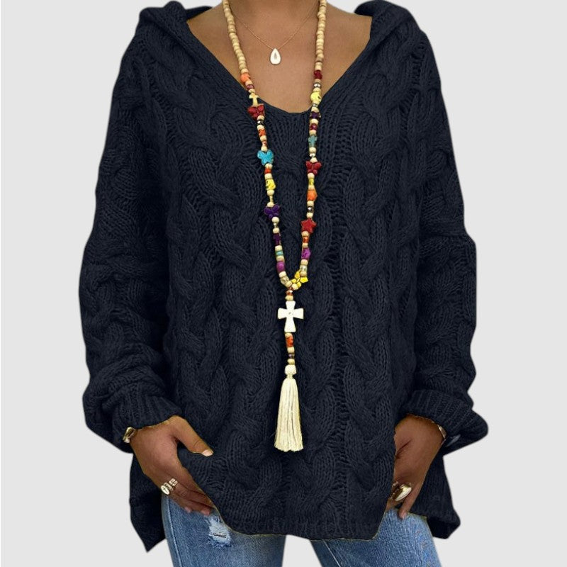 Lise | Dames Oversized Gebreide Hoodie Met V-Hals En Lange Mouwen