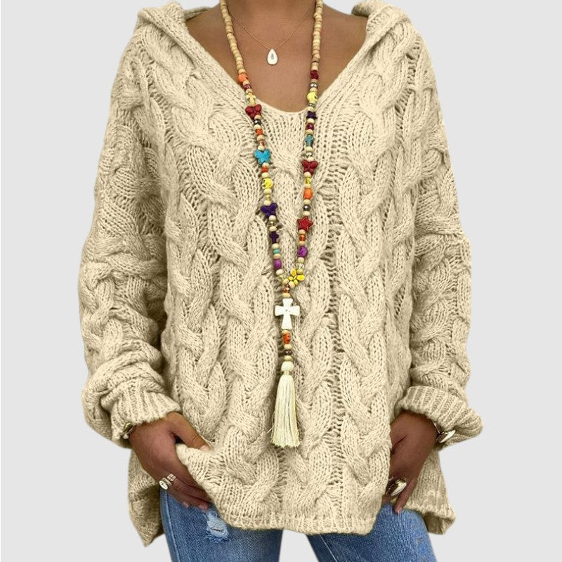 Lise | Dames Oversized Gebreide Hoodie Met V-Hals En Lange Mouwen