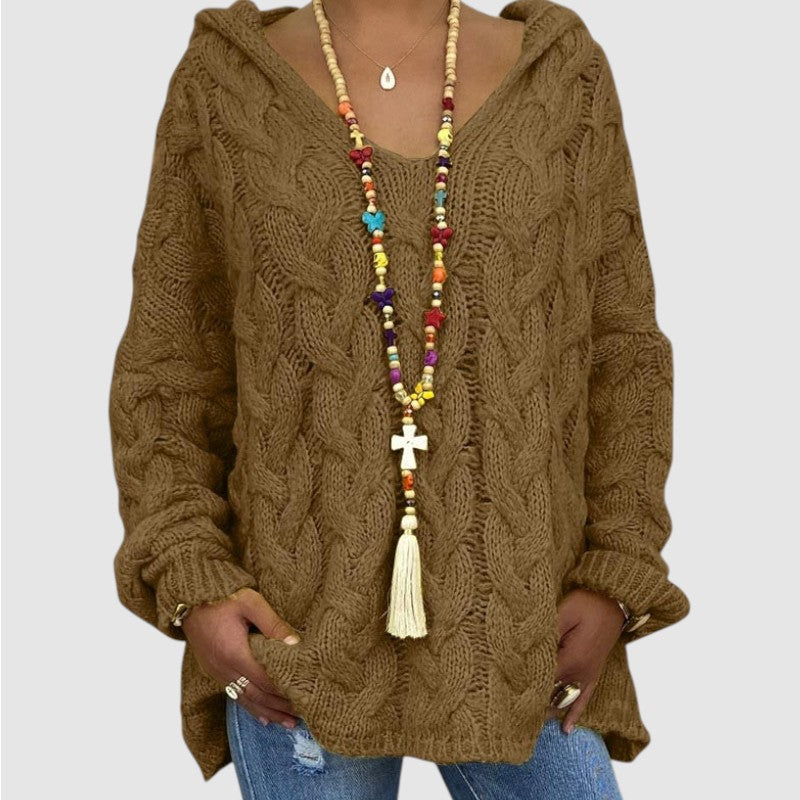 Lise | Dames Oversized Gebreide Hoodie Met V-Hals En Lange Mouwen