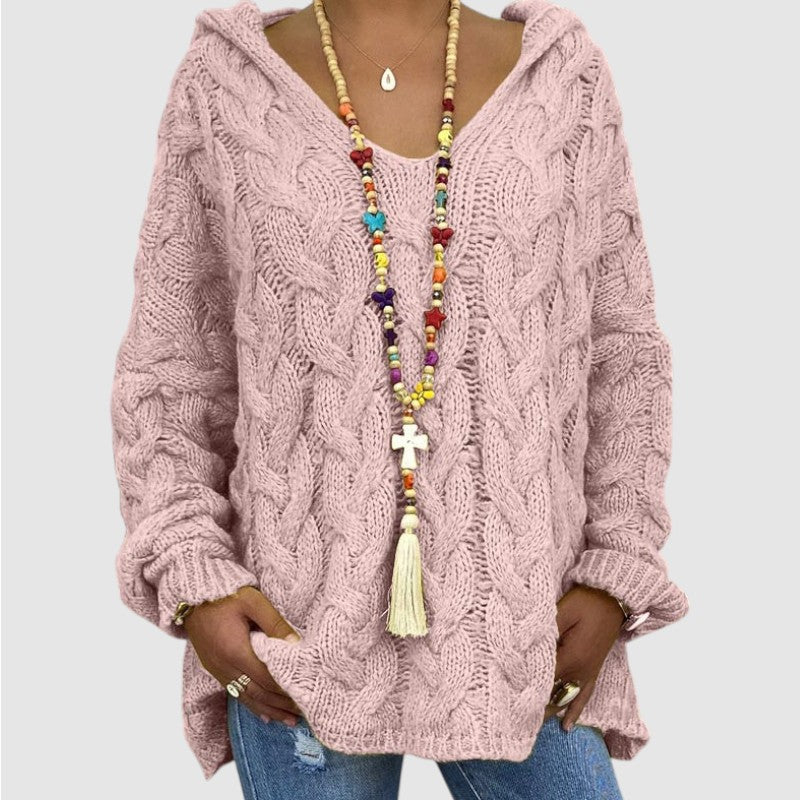 Lise | Dames Oversized Gebreide Hoodie Met V-Hals En Lange Mouwen