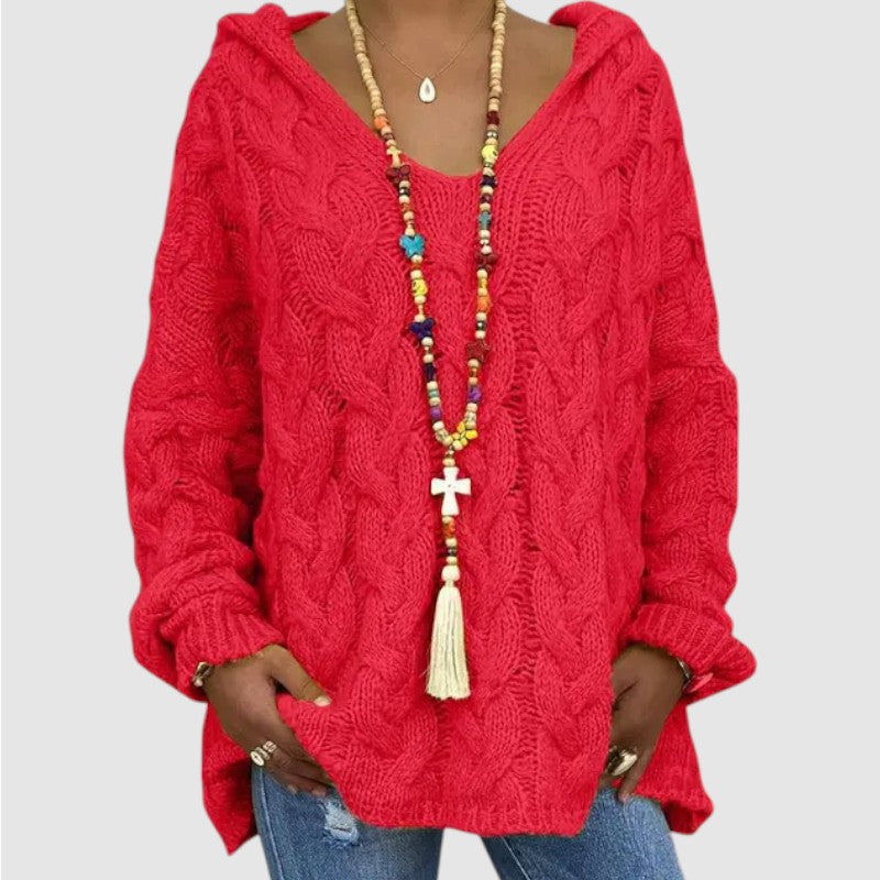 Lise | Dames Oversized Gebreide Hoodie Met V-Hals En Lange Mouwen