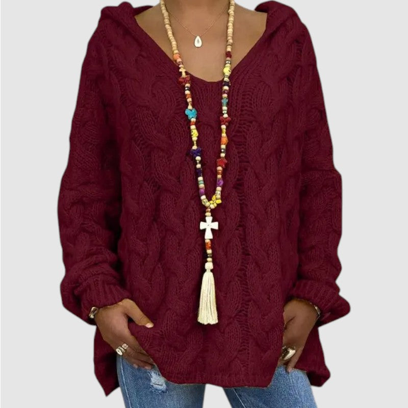 Lise | Dames Oversized Gebreide Hoodie Met V-Hals En Lange Mouwen