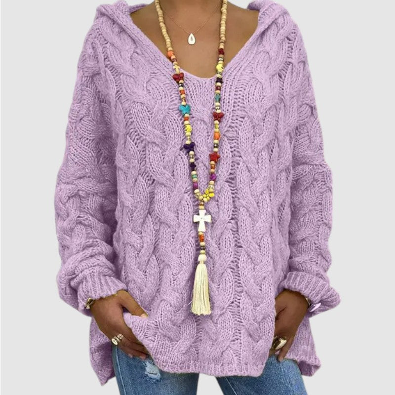 Lise | Dames Oversized Gebreide Hoodie Met V-Hals En Lange Mouwen