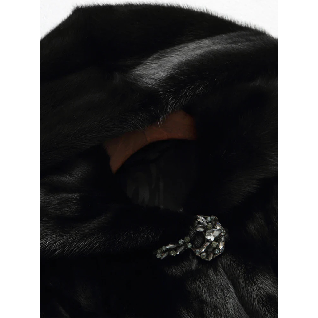 Jessica | Dames Lange Winter Jas | Zwarte Bontjas met Capuchon en Warme Voering