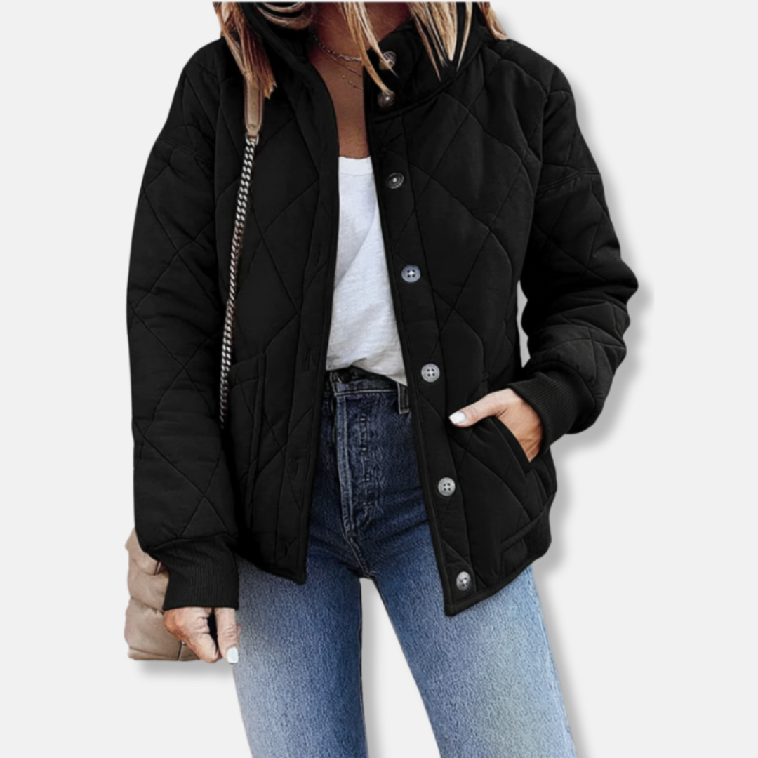 Karolina | Dames Gewatteerde Jas | Puffer Jas Met Knoopsluiting Opstaande Kraag En Zak Voor Herfst