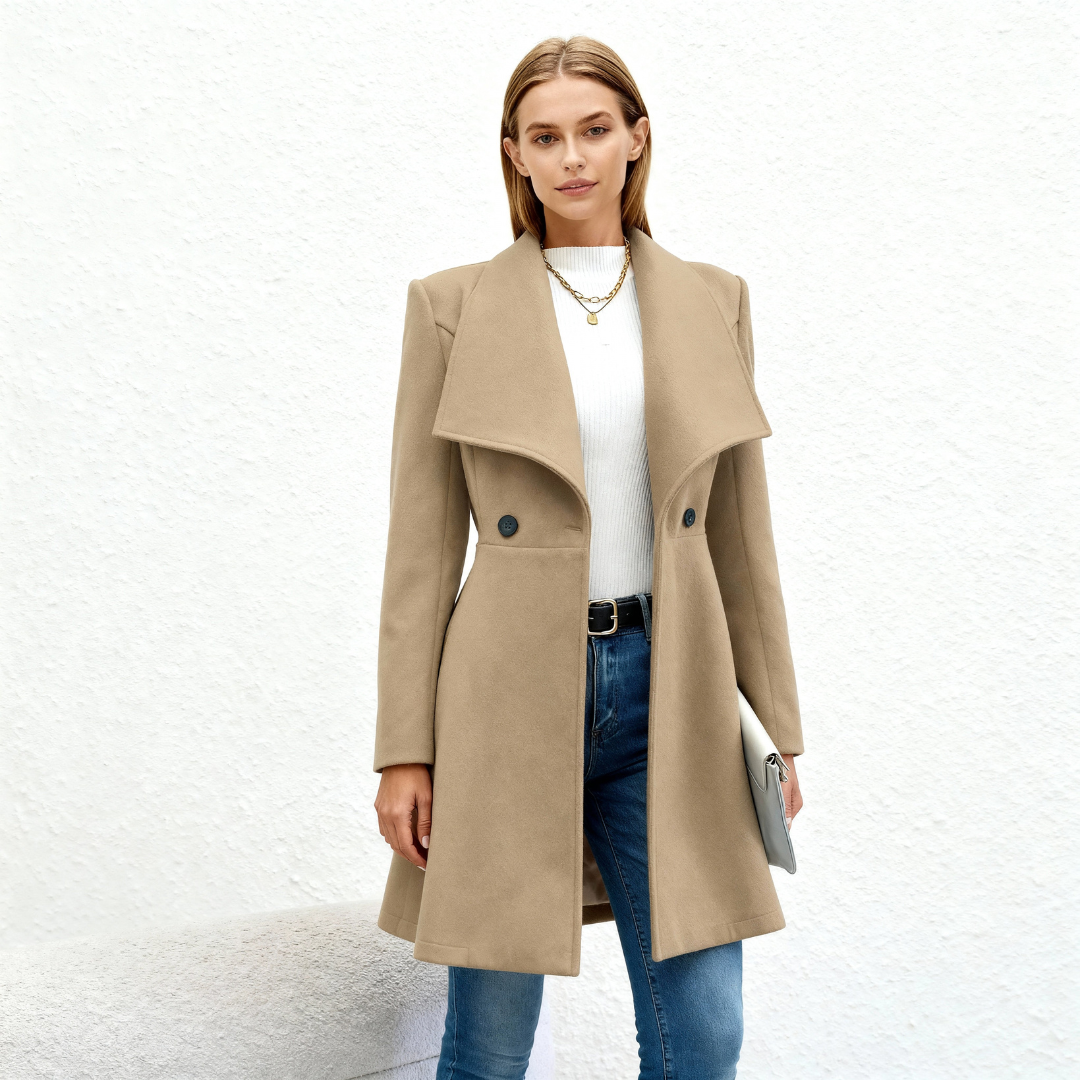 Cory | Dames Lange Wollen Jas | Mantel Met Reverskraag En Knopen Voor Winter