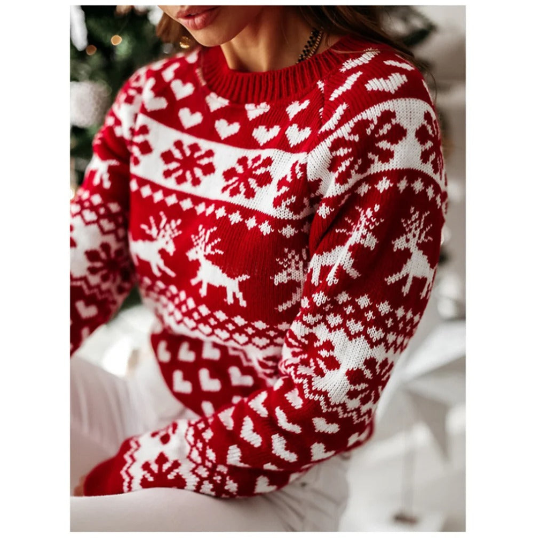 Natasja | Dames Kerst Trui | Gebreid met Kerstprint en Ronde Hals met Lange Mouw