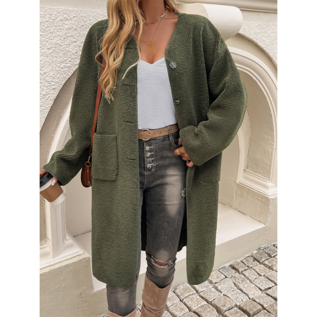 Catharina | Dames Winter Vest | Lange Cardigan Met Knopen en Zakken