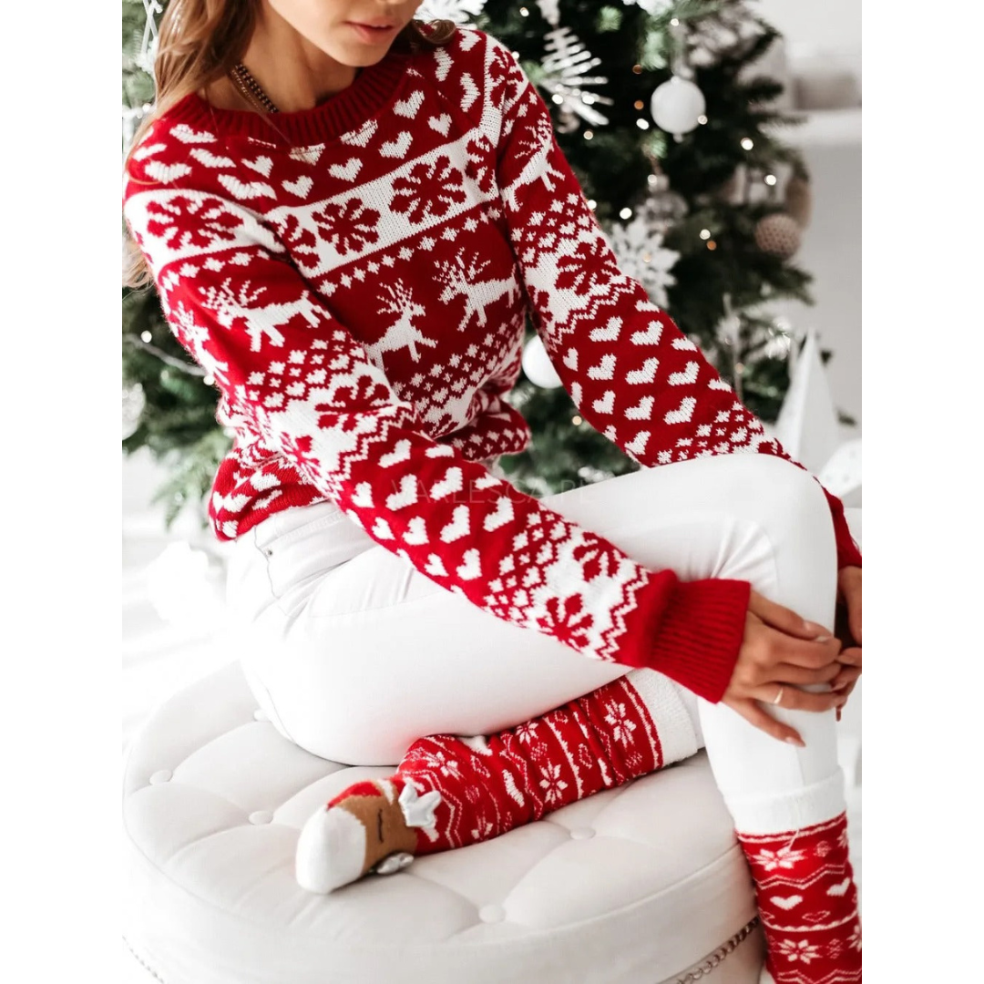 Natasja | Dames Kerst Trui | Gebreid met Kerstprint en Ronde Hals met Lange Mouw