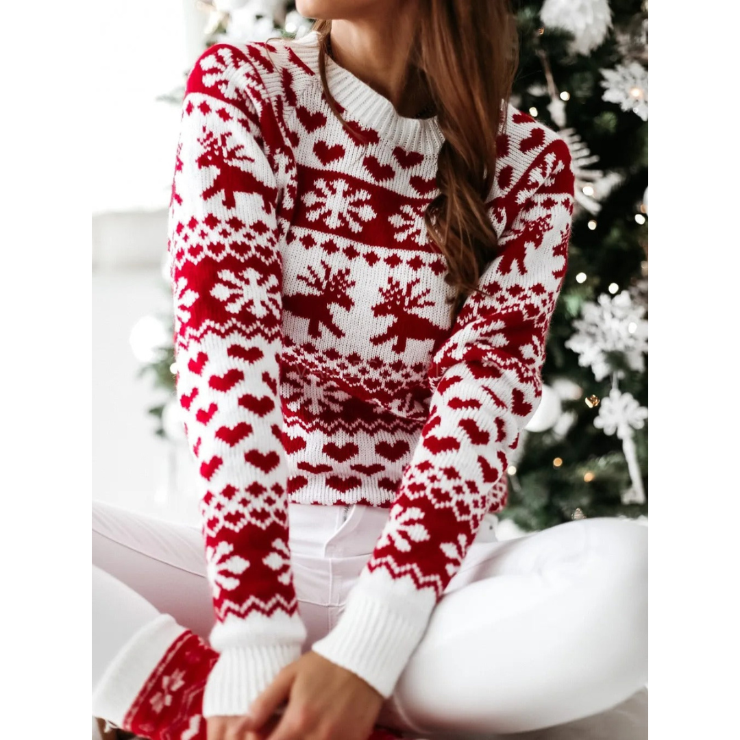 Natasja | Dames Kerst Trui | Gebreid met Kerstprint en Ronde Hals met Lange Mouw