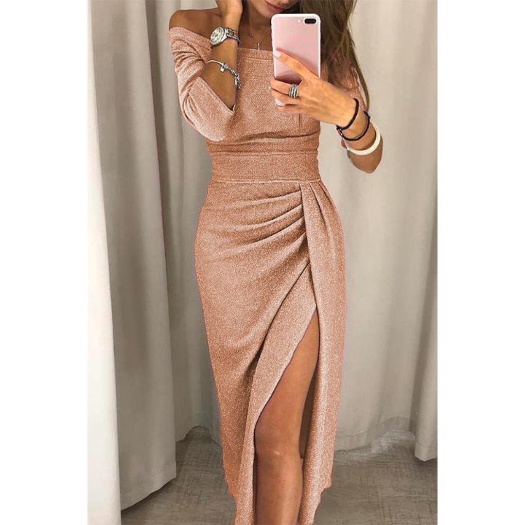 Roos | Dames Glitter Jurk met Zijsplit | Midi met Open Schouders
