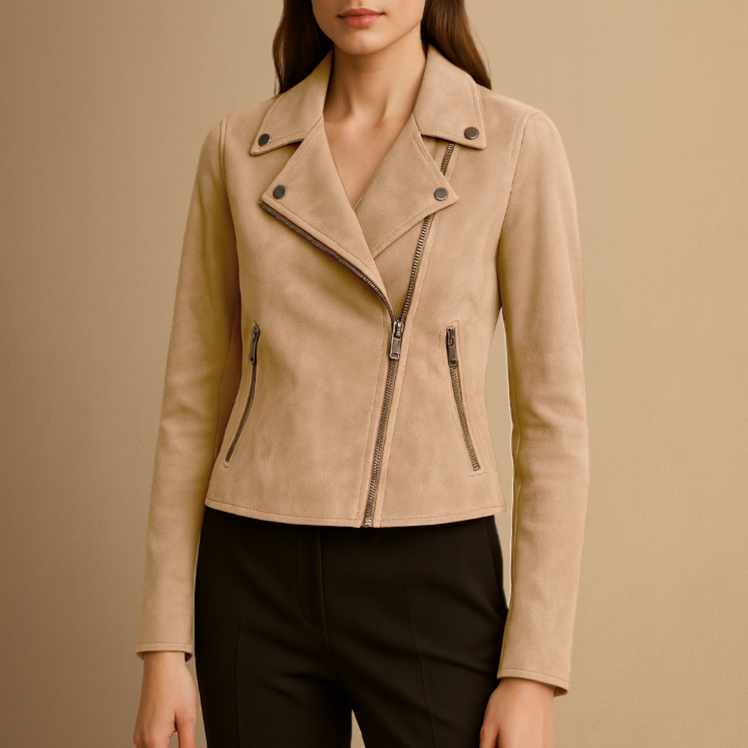 Lies | Dames Suède Motorjack met Rits en Reverskraag | Kort Jas met Zakken
