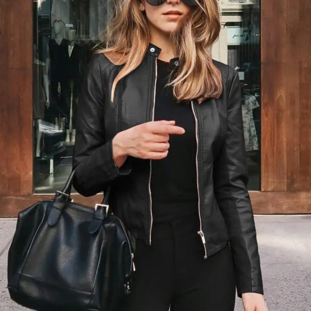 Mirthe | Leren Motor Jas Dames | Lange Mouw met Rits voor Herfst en Winter