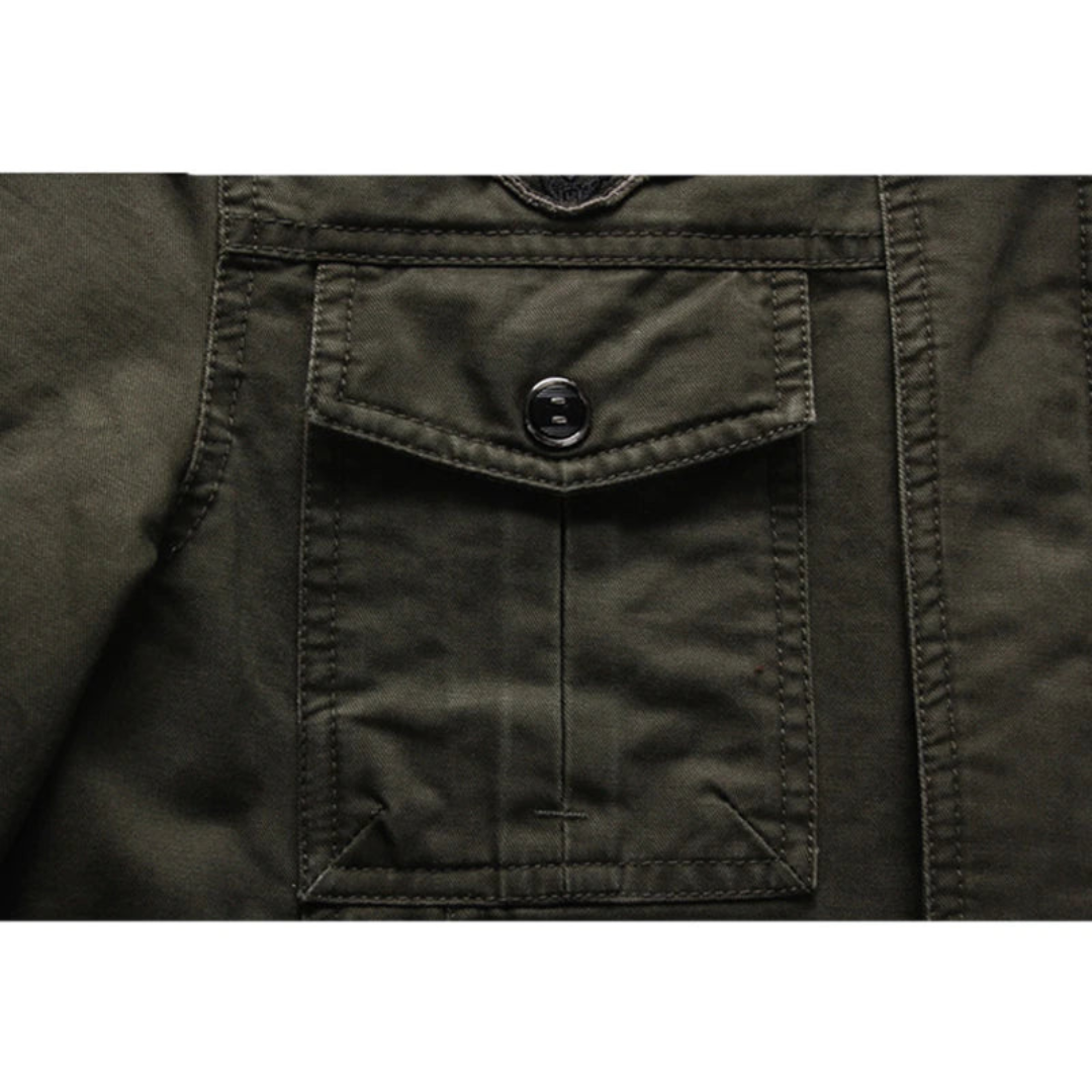 Youri | Heren Militaire Jas Met Opstaande Kraag | Cargo Jas Met Patches Biker Jack