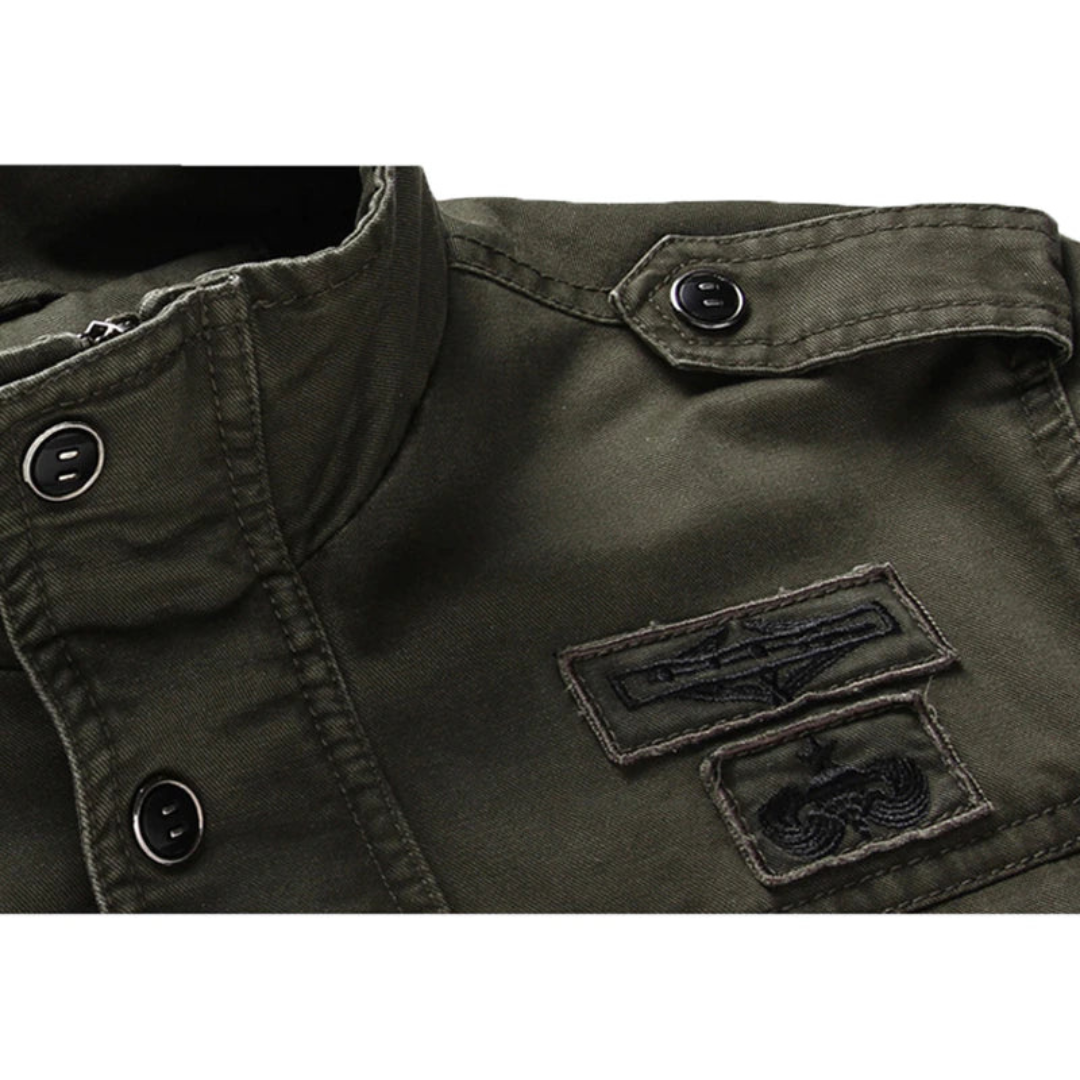 Youri | Heren Militaire Jas Met Opstaande Kraag | Cargo Jas Met Patches Biker Jack