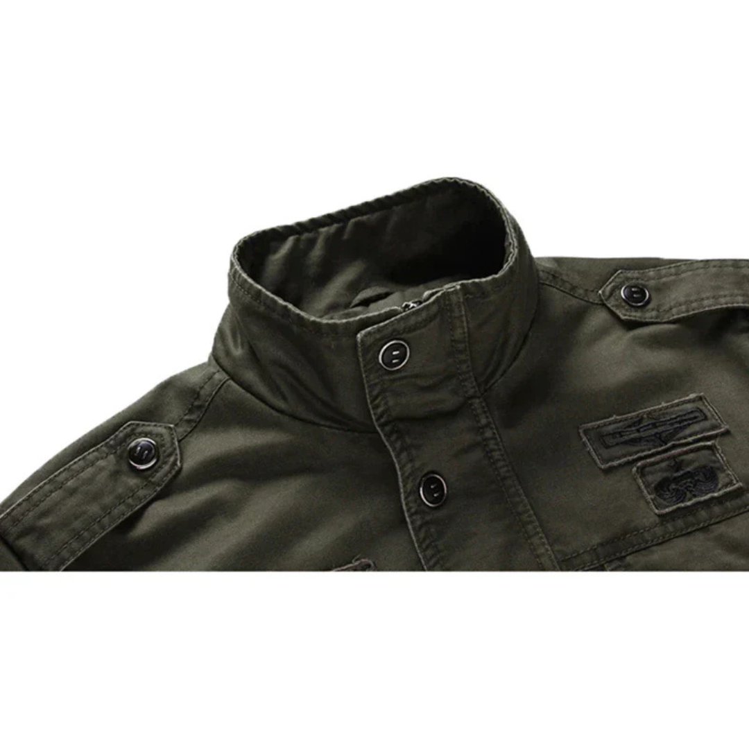 Youri | Heren Militaire Jas Met Opstaande Kraag | Cargo Jas Met Patches Biker Jack