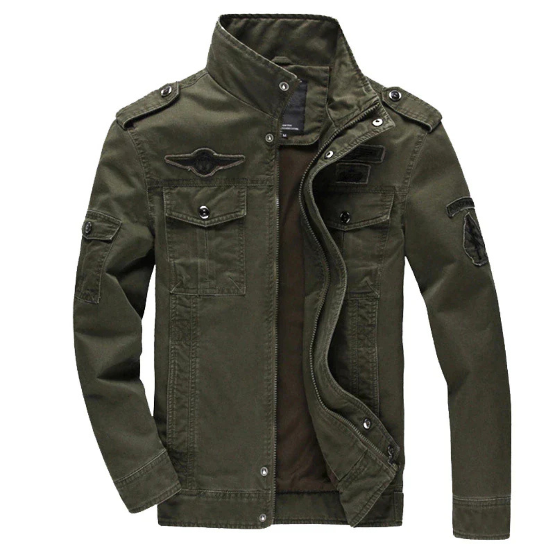 Youri | Heren Militaire Jas Met Opstaande Kraag | Cargo Jas Met Patches Biker Jack