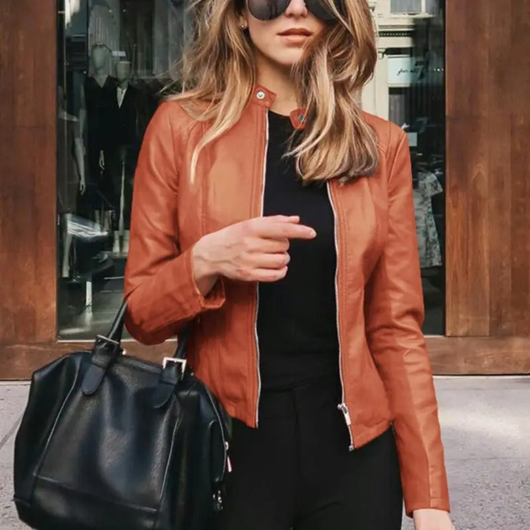 Mirthe | Leren Motor Jas Dames | Lange Mouw met Rits voor Herfst en Winter