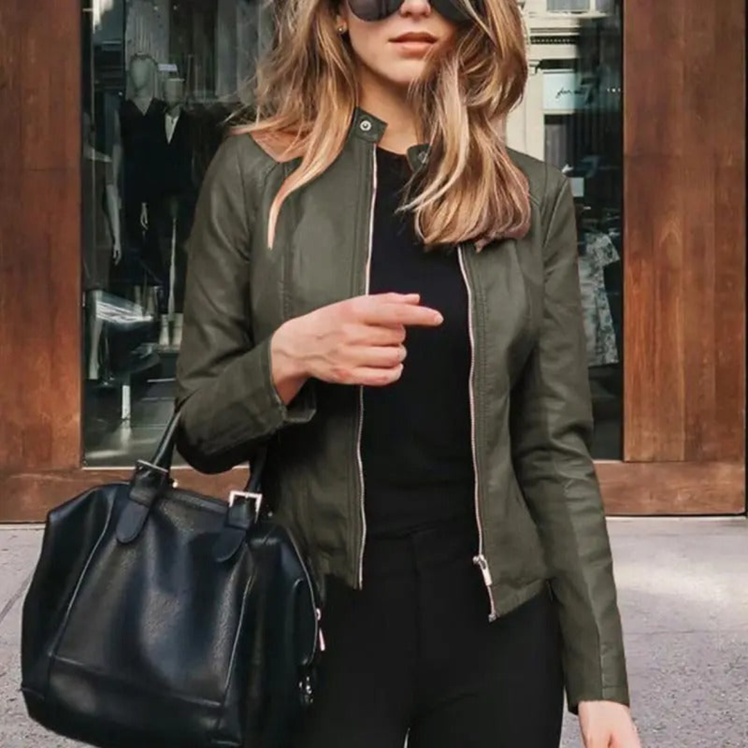 Mirthe | Leren Motor Jas Dames | Lange Mouw met Rits voor Herfst en Winter
