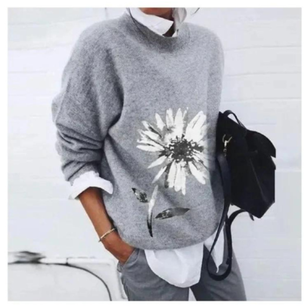 Tiffany | Dames Bloemen Trui | Warm Gebreid met Ronde Hals en Lange Mouwen
