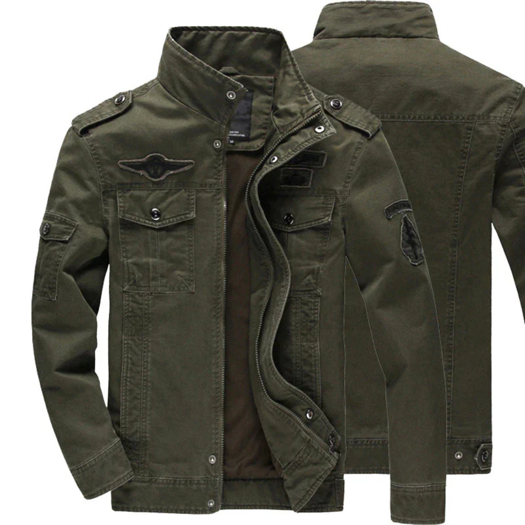 Youri | Heren Militaire Jas Met Opstaande Kraag | Cargo Jas Met Patches Biker Jack