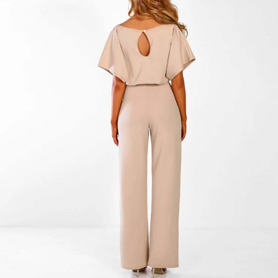 Maud | Dames Chique Jumpsuit V-Hals | Wijde Pijpen met Korte Mouwen