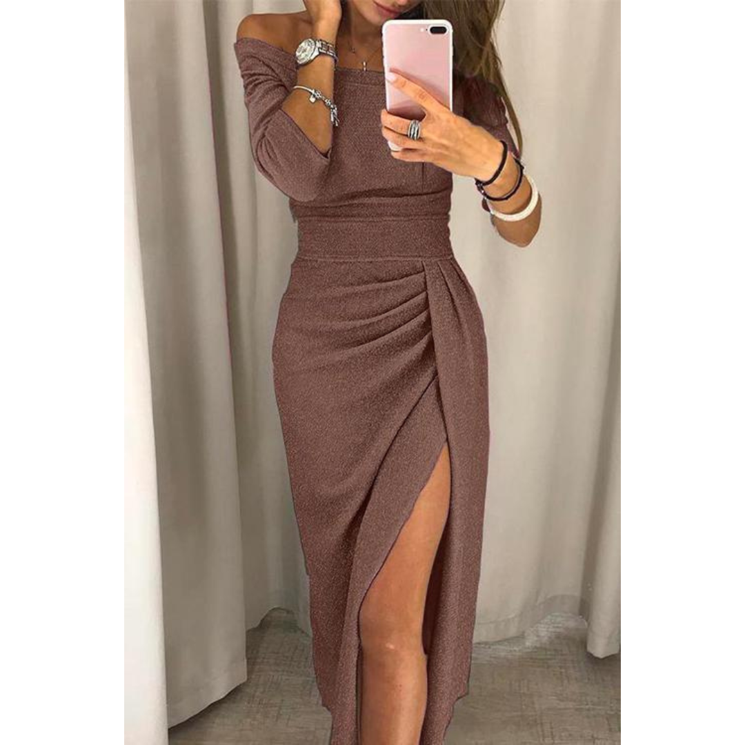Roos | Dames Glitter Jurk met Zijsplit | Midi met Open Schouders