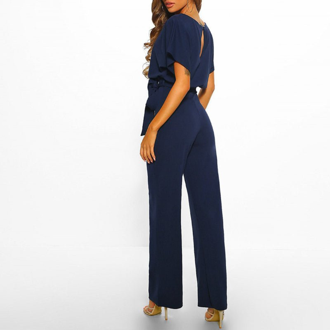 Maud | Dames Chique Jumpsuit V-Hals | Wijde Pijpen met Korte Mouwen