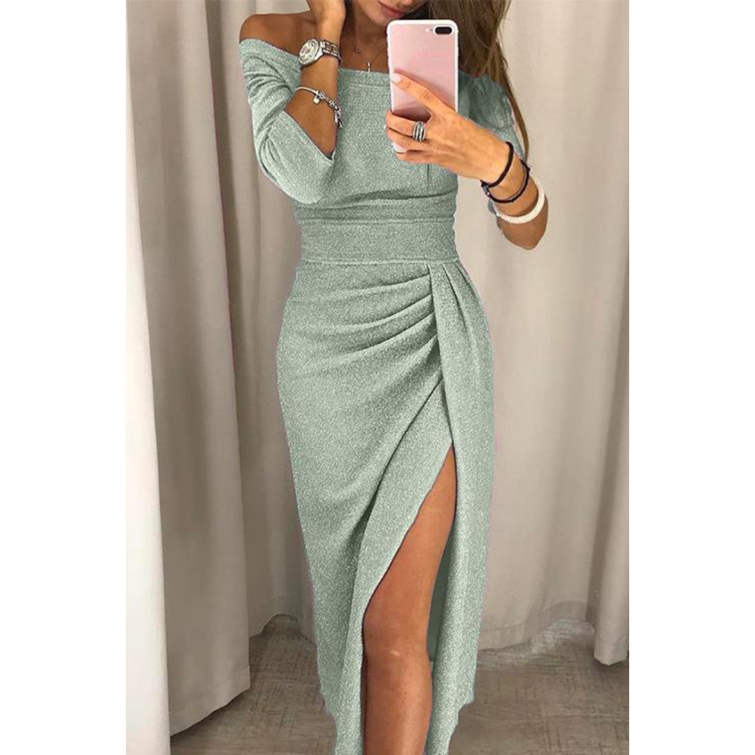 Roos | Dames Glitter Jurk met Zijsplit | Midi met Open Schouders