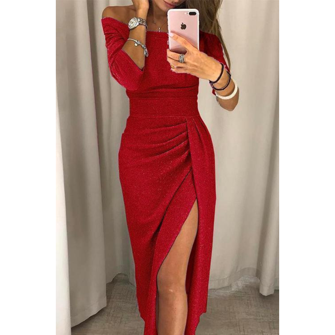 Roos | Dames Glitter Jurk met Zijsplit | Midi met Open Schouders