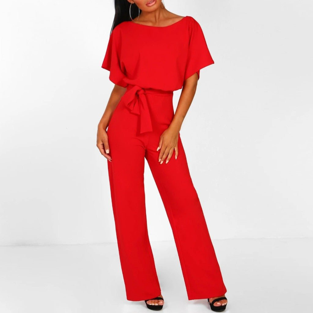 Maud | Dames Chique Jumpsuit V-Hals | Wijde Pijpen met Korte Mouwen