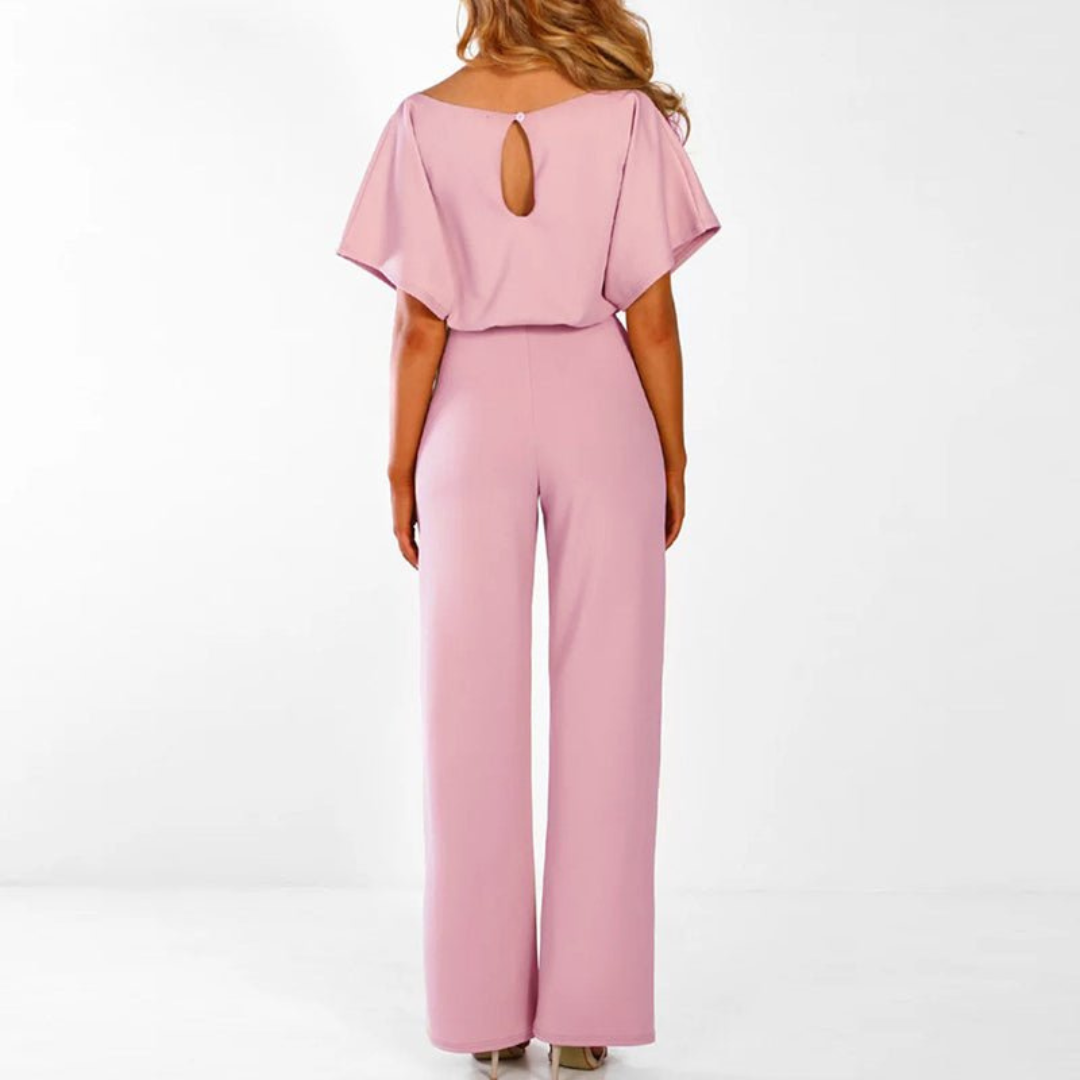 Maud | Dames Chique Jumpsuit V-Hals | Wijde Pijpen met Korte Mouwen