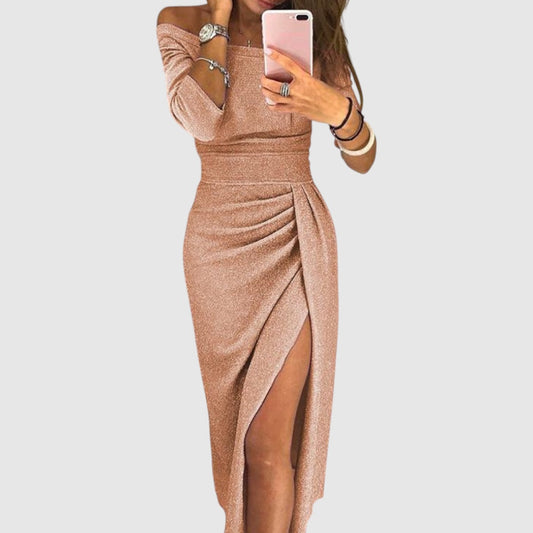 Roos | Dames Glitter Jurk met Zijsplit | Midi met Open Schouders