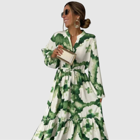 Fleur | Dames Flowy Jurk | Maxi met Lange Mouwen & V-Hals