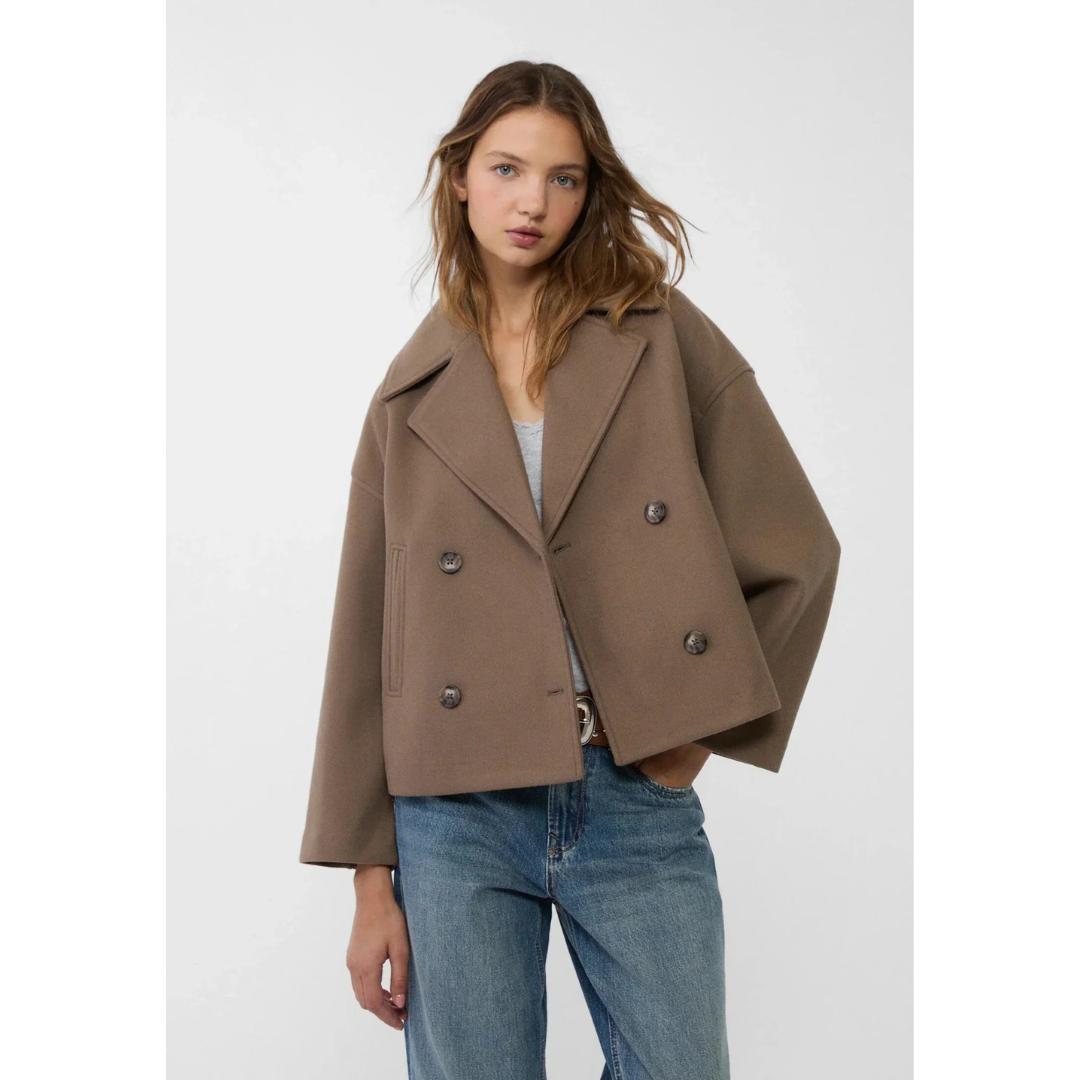 Agnes | Dames Jas | Korte Dubbelrijige Jas Met Lange Mouwen En Zakken Voor Herfst En Kantoor