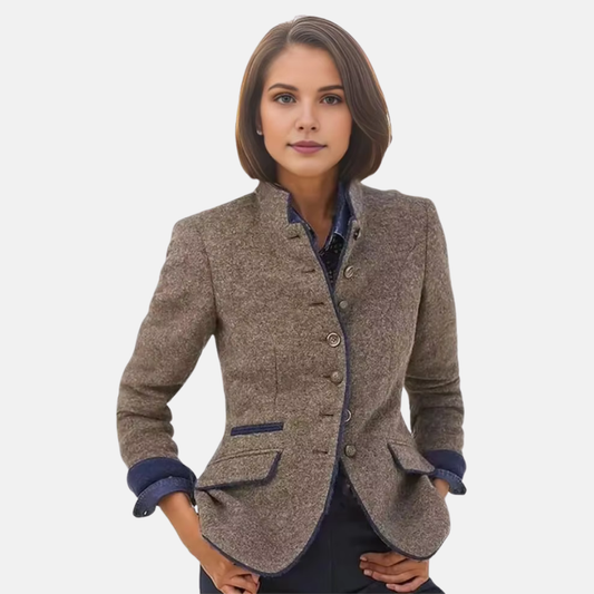 Alessia | Dames Zakelijke Blazer | Vintage Enkelrijige Tweed Jas Met Lange Mouw En Staande Kraag