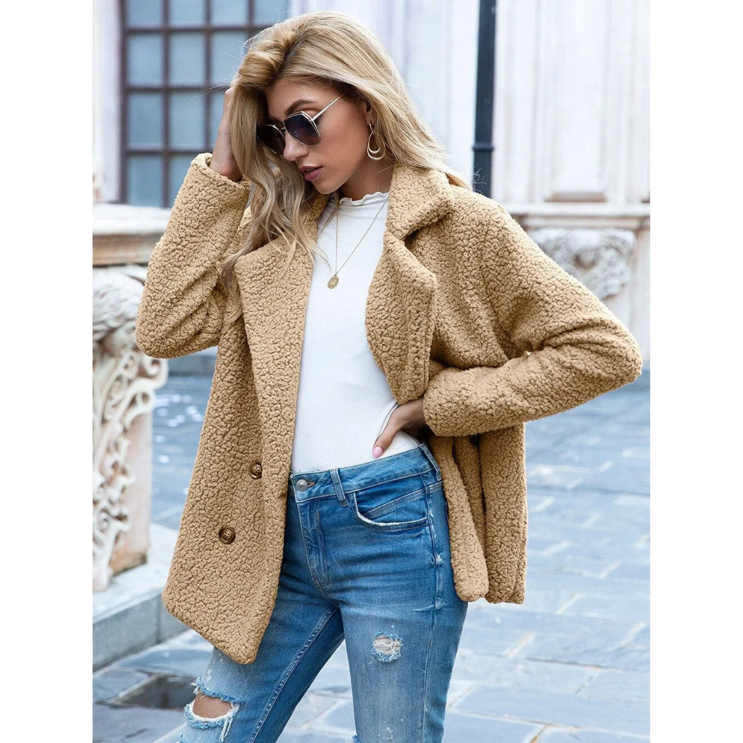 Milou | Dames Teddy Jas Blazer | Korte Warme Dubbelgeknoopte Jas Met Reverskraag