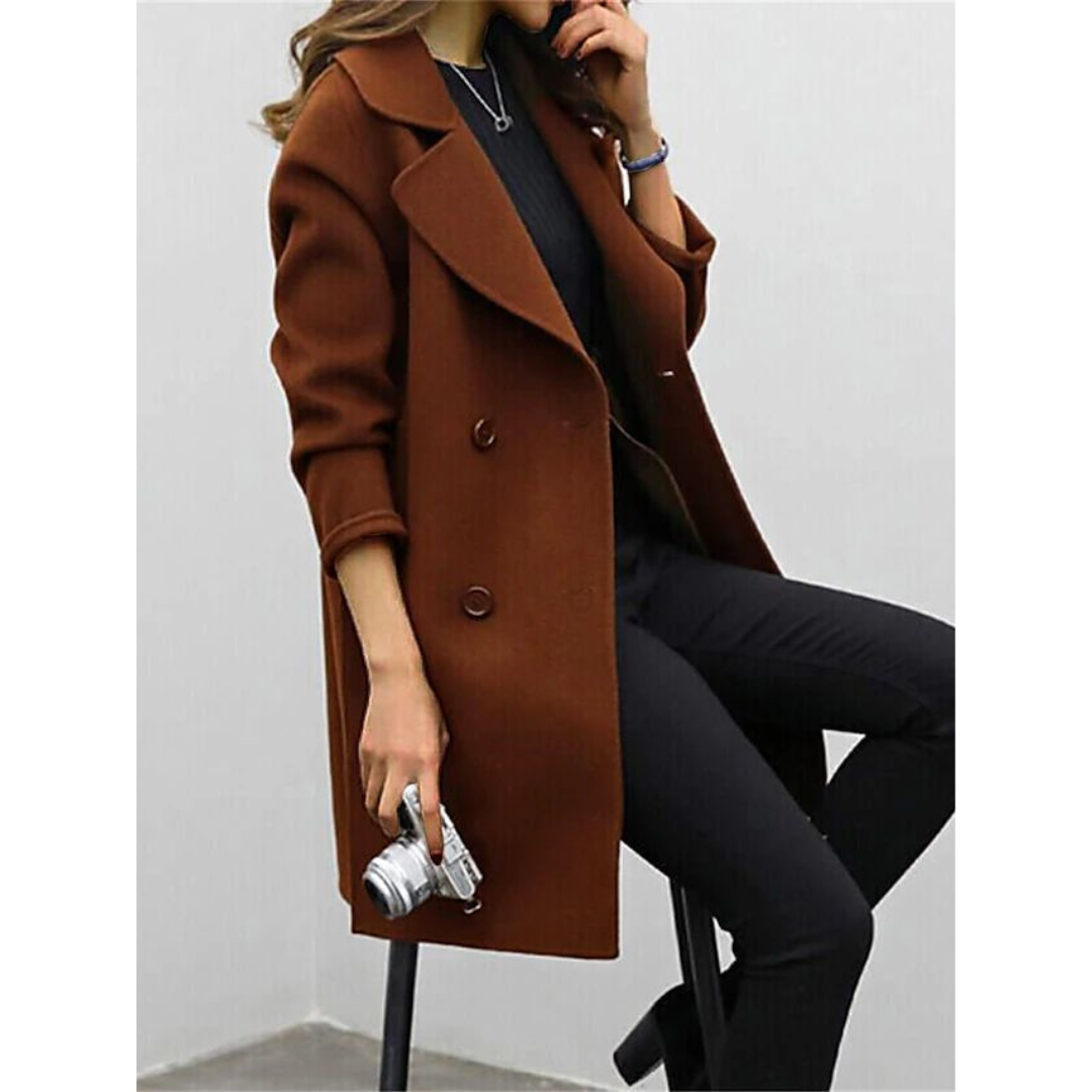 Amelia | Dames Lange Winter Jas | Dubbelrijige Wollen Trenchcoat Met Revers Voor Herfst & Winter