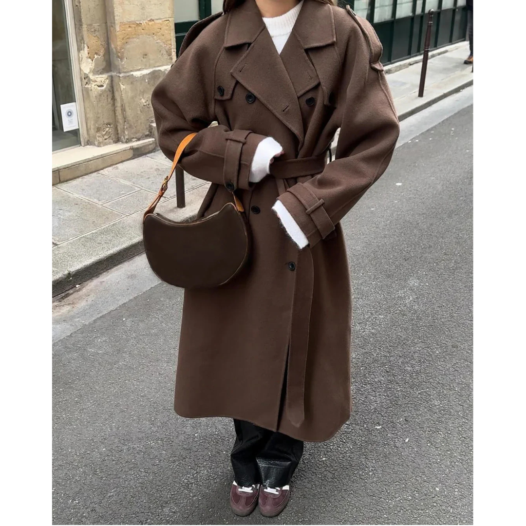 Cecilia | Dames Lange Trenchcoat | Dubbelgeknoopte Oversized Jas Met Revers En Losse Mouwen