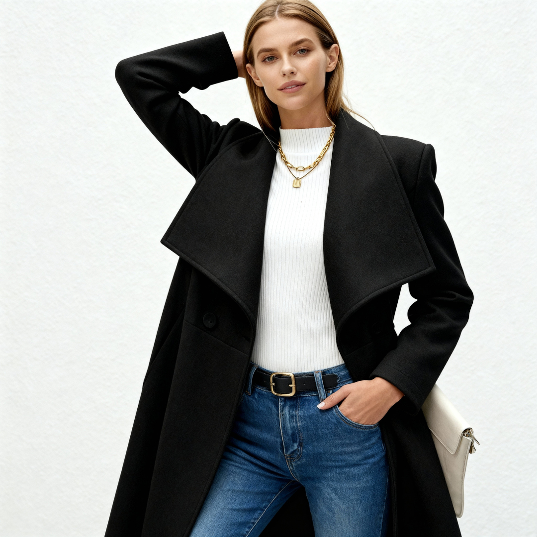 Cory | Dames Lange Wollen Jas | Mantel Met Reverskraag En Knopen Voor Winter