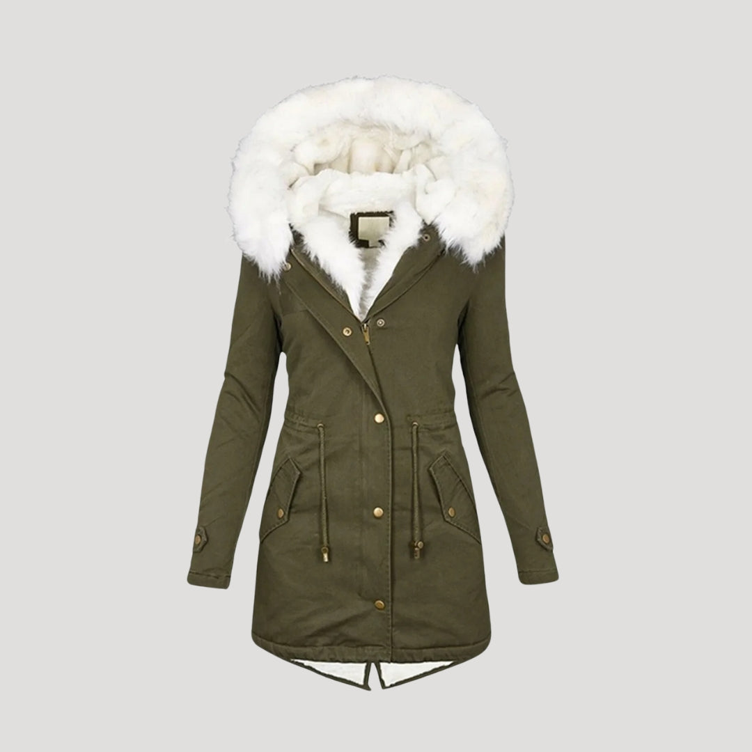 Katinka | Dames Winter Jas | Warme Winterparka Met Bont-Capuchon, Fleecevoering, Rits en Ceintuur