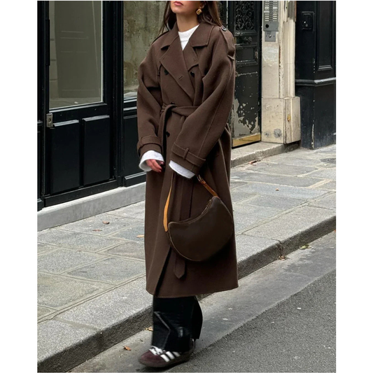 Cecilia | Dames Lange Trenchcoat | Dubbelgeknoopte Oversized Jas Met Revers En Losse Mouwen