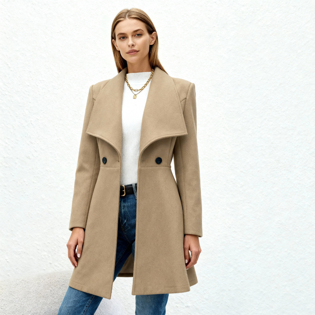 Cory | Dames Lange Wollen Jas | Mantel Met Reverskraag En Knopen Voor Winter