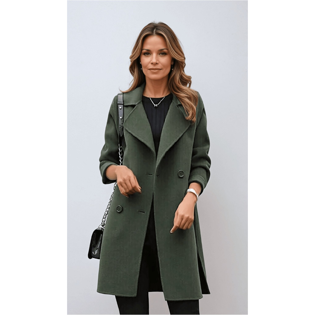 Amelia | Dames Lange Winter Jas | Dubbelrijige Wollen Trenchcoat Met Revers Voor Herfst & Winter