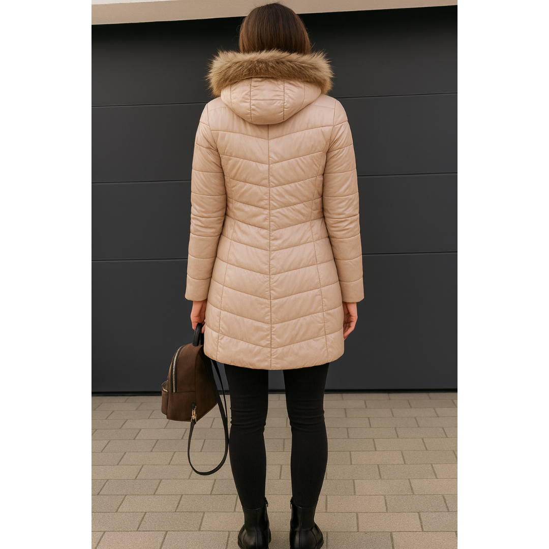 Emily | Dames Lange Gewatteerde Jas | Warme Winterjas Met Bontkraag en Zakken