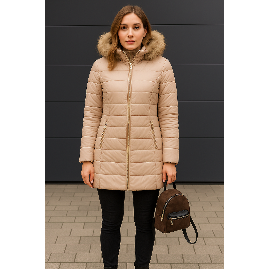 Emily | Dames Lange Gewatteerde Jas | Warme Winterjas Met Bontkraag en Zakken